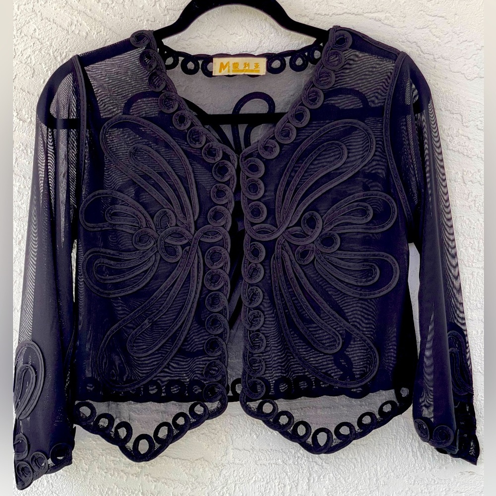 Mengliya Embroidered Mesh Black Cape Jacket Medium